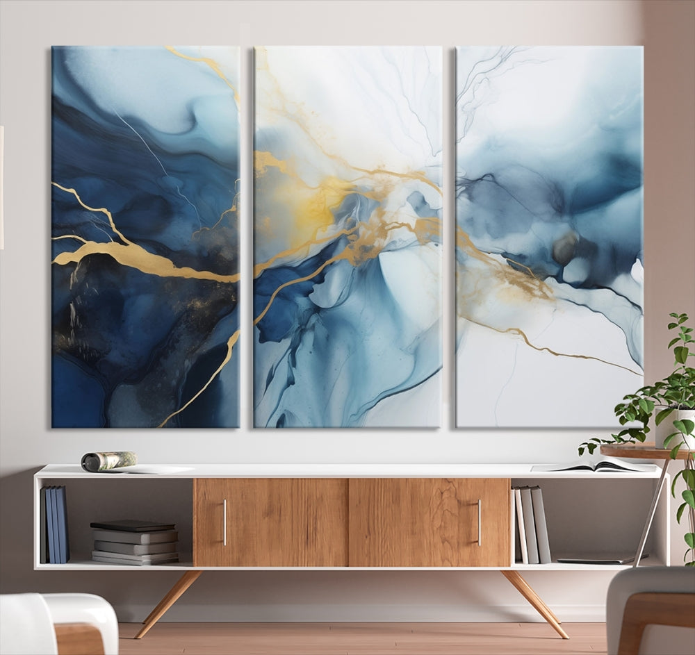 Contemporary Abstract Canvas Wall Art Gold Blue Marble Painting Framed Set of Print