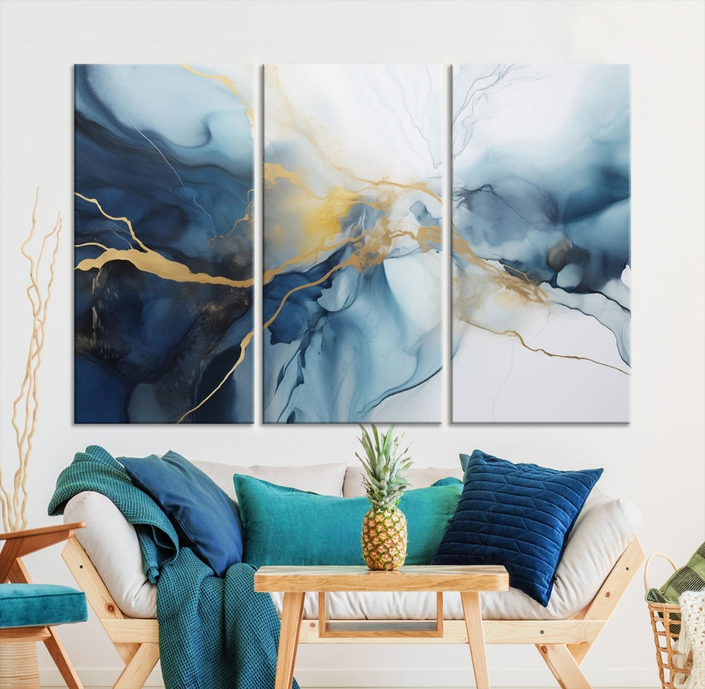 Contemporary Abstract Canvas Wall Art Gold Blue Marble Painting Framed Set of Print