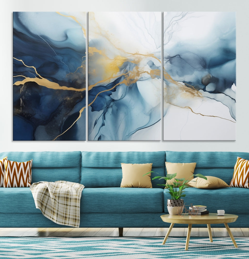 Contemporary Abstract Canvas Wall Art Gold Blue Marble Painting Framed Set of Print