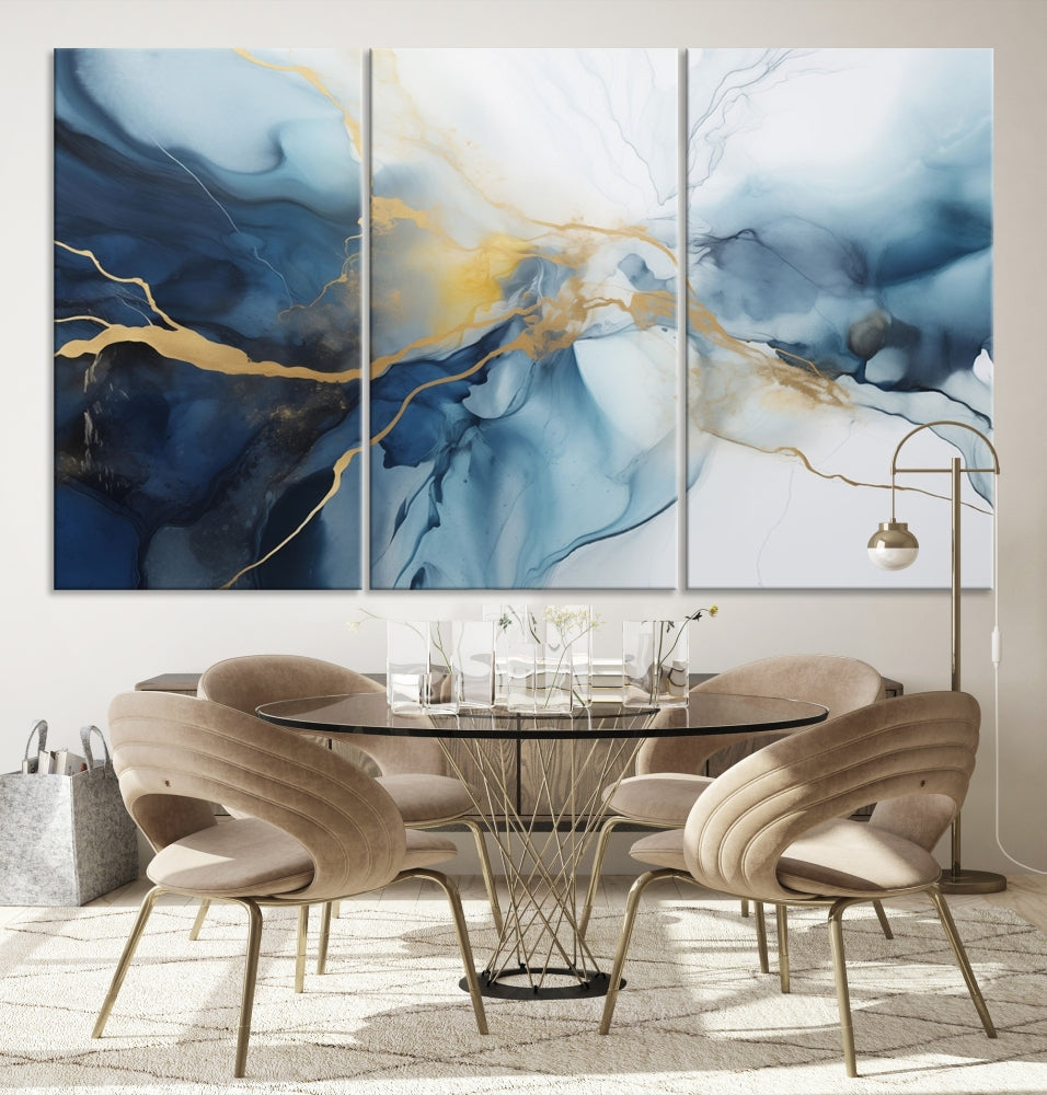 Contemporary Abstract Canvas Wall Art Gold Blue Marble Painting Framed Set of Print