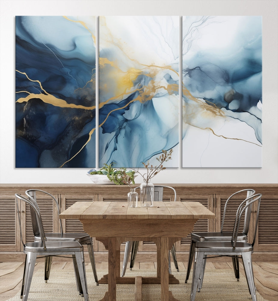 Contemporary Abstract Canvas Wall Art Gold Blue Marble Painting Framed Set of Print