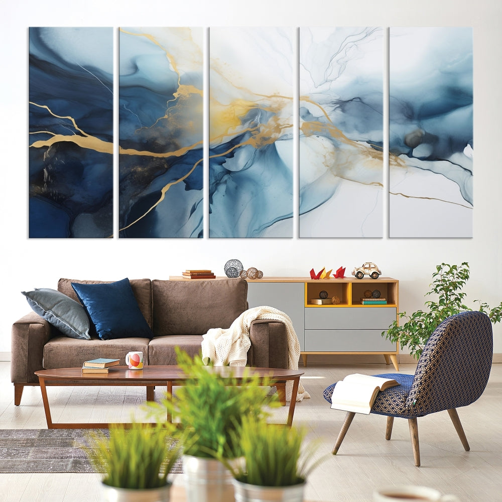 Contemporary Abstract Canvas Wall Art Gold Blue Marble Painting Framed Set of Print