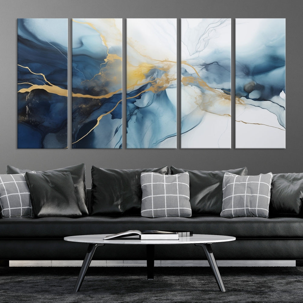 Contemporary Abstract Canvas Wall Art Gold Blue Marble Painting Framed Set of Print