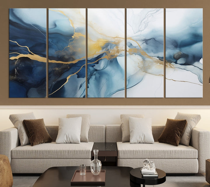 Contemporary Abstract Canvas Wall Art Gold Blue Marble Painting Framed Set of Print