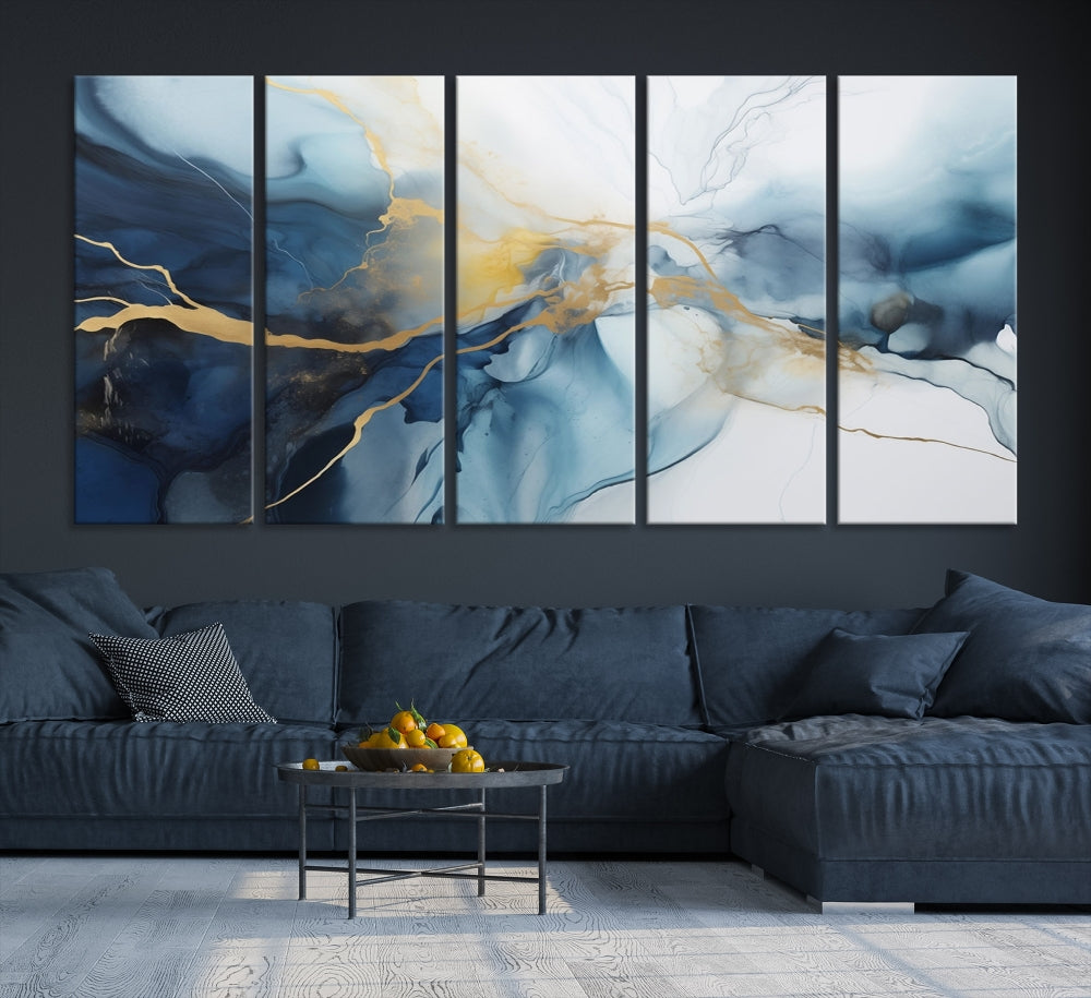 Contemporary Abstract Canvas Wall Art Gold Blue Marble Painting Framed Set of Print