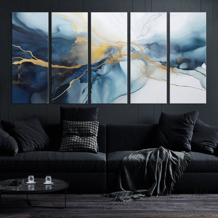 Contemporary Abstract Canvas Wall Art Gold Blue Marble Painting Framed Set of Print