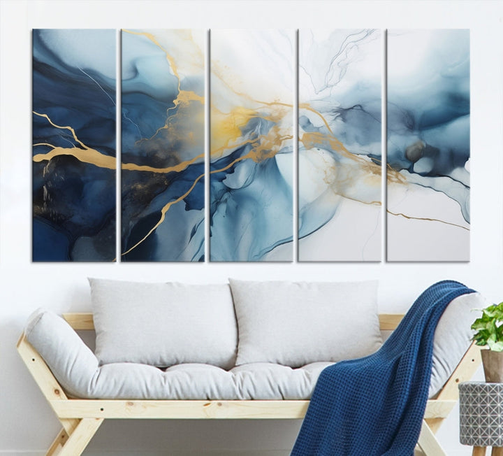 Contemporary Abstract Canvas Wall Art Gold Blue Marble Painting Framed Set of Print