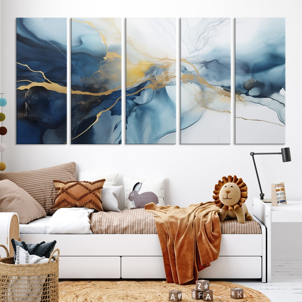 Contemporary Abstract Canvas Wall Art Gold Blue Marble Painting Framed Set of Print