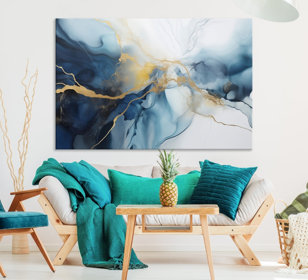 Contemporary Abstract Canvas Wall Art Gold Blue Marble Painting Framed Set of Print