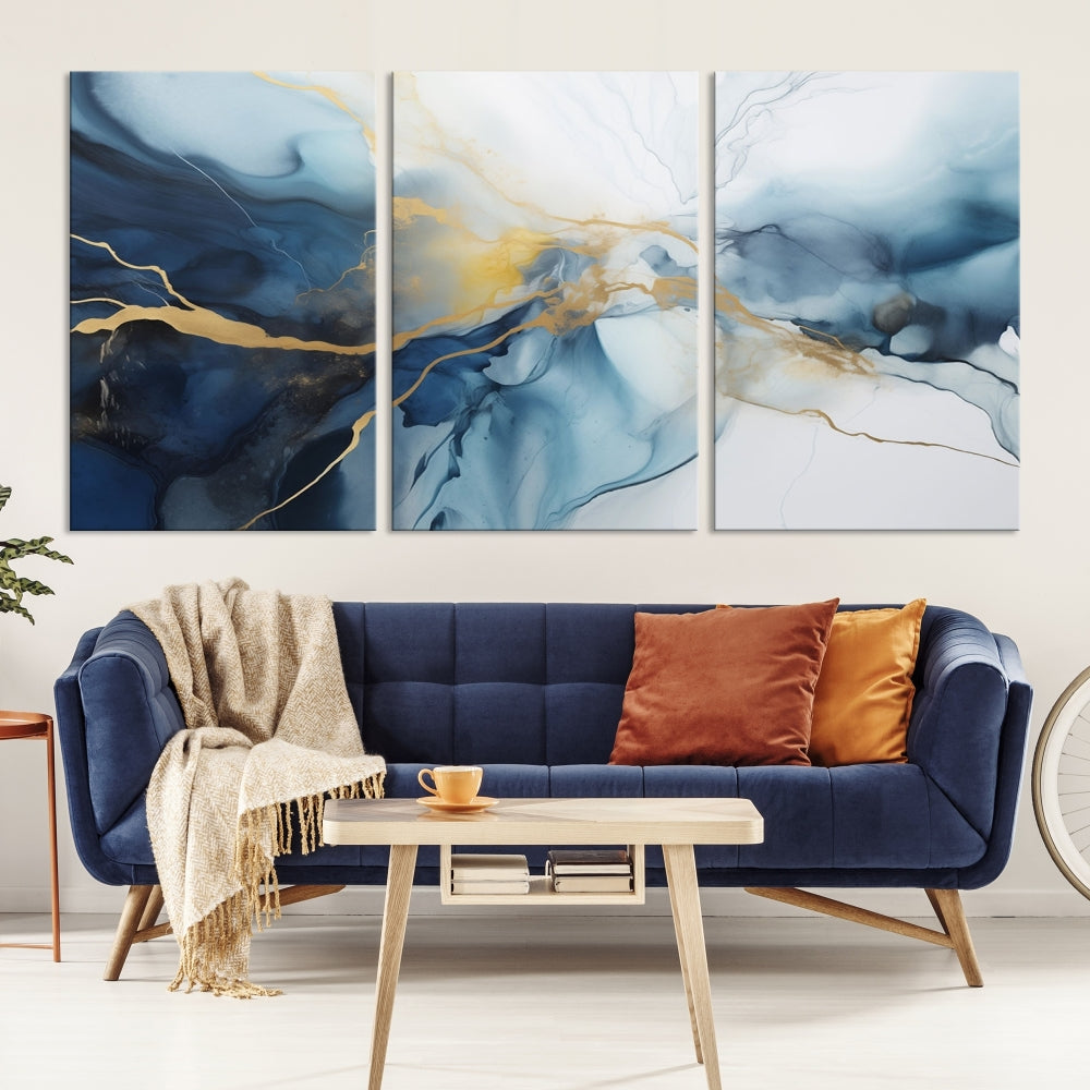 Contemporary Abstract Canvas Wall Art Gold Blue Marble Painting Framed Set of Print