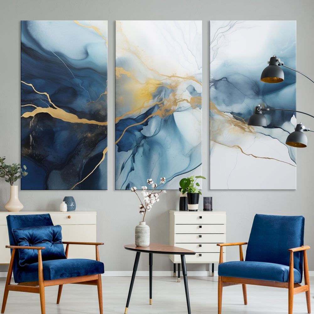 Contemporary Abstract Canvas Wall Art Gold Blue Marble Painting Framed Set of Print