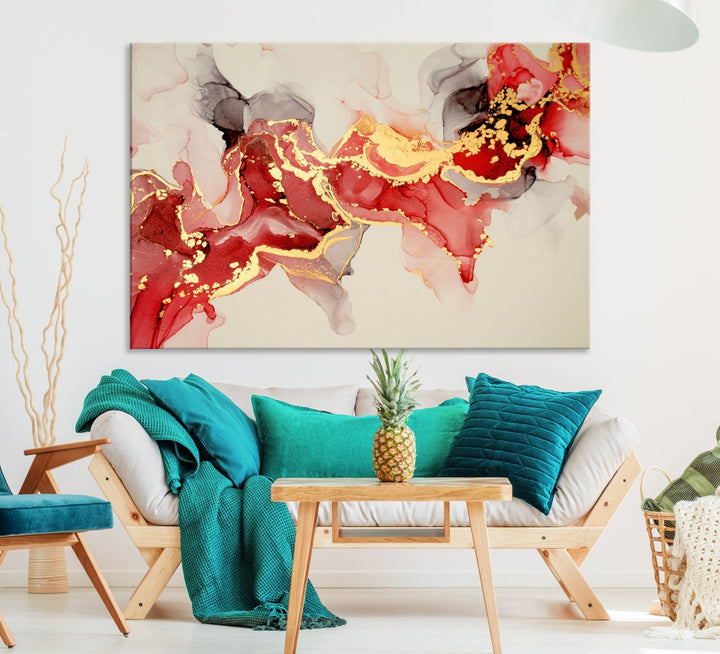 Contemporary Red Gold Abstract Painting on Canvas Print Framed Wall Decor