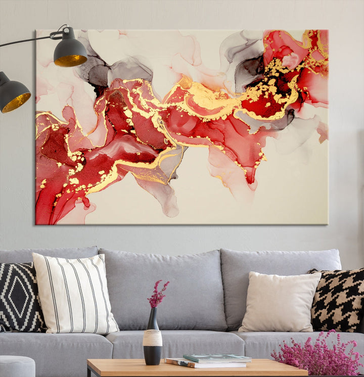 Contemporary Red Gold Abstract Painting on Canvas Print Framed Wall Decor