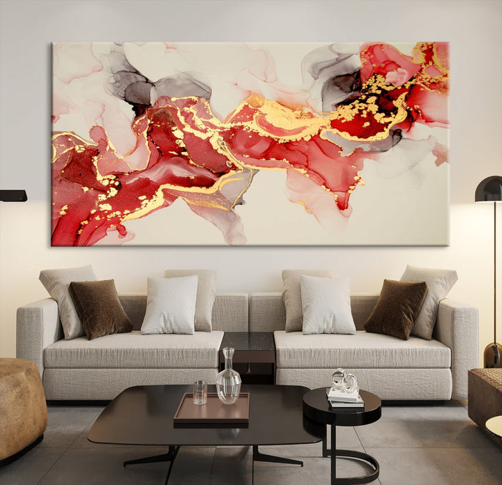 Contemporary Red Gold Abstract Painting on Canvas Print Framed Wall Decor