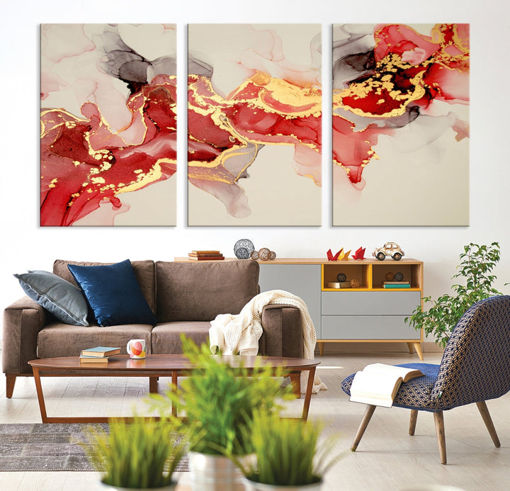 Contemporary Red Gold Abstract Painting on Canvas Print Framed Wall Decor