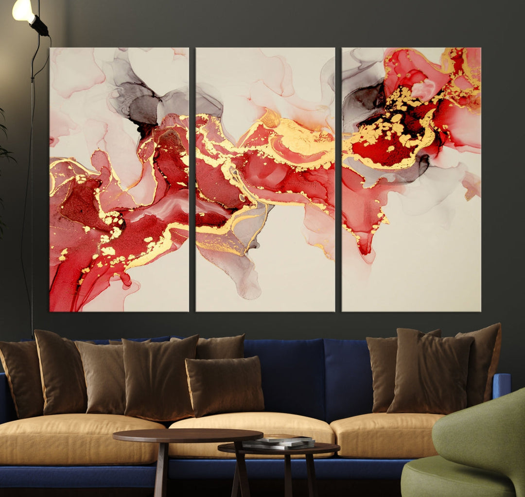 Contemporary Red Gold Abstract Painting on Canvas Print Framed Wall Decor