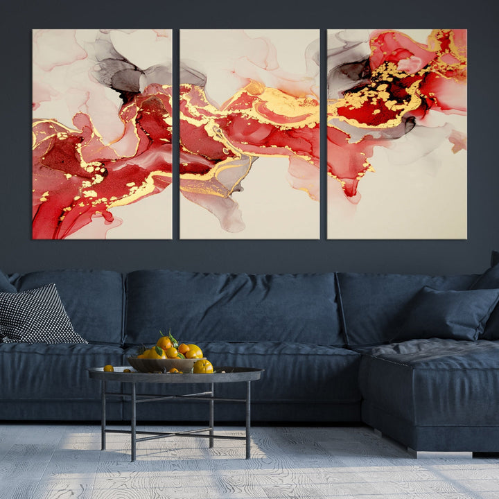 Contemporary Red Gold Abstract Painting on Canvas Print Framed Wall Decor