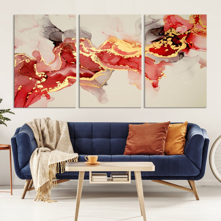 Contemporary Red Gold Abstract Painting on Canvas Print Framed Wall Decor