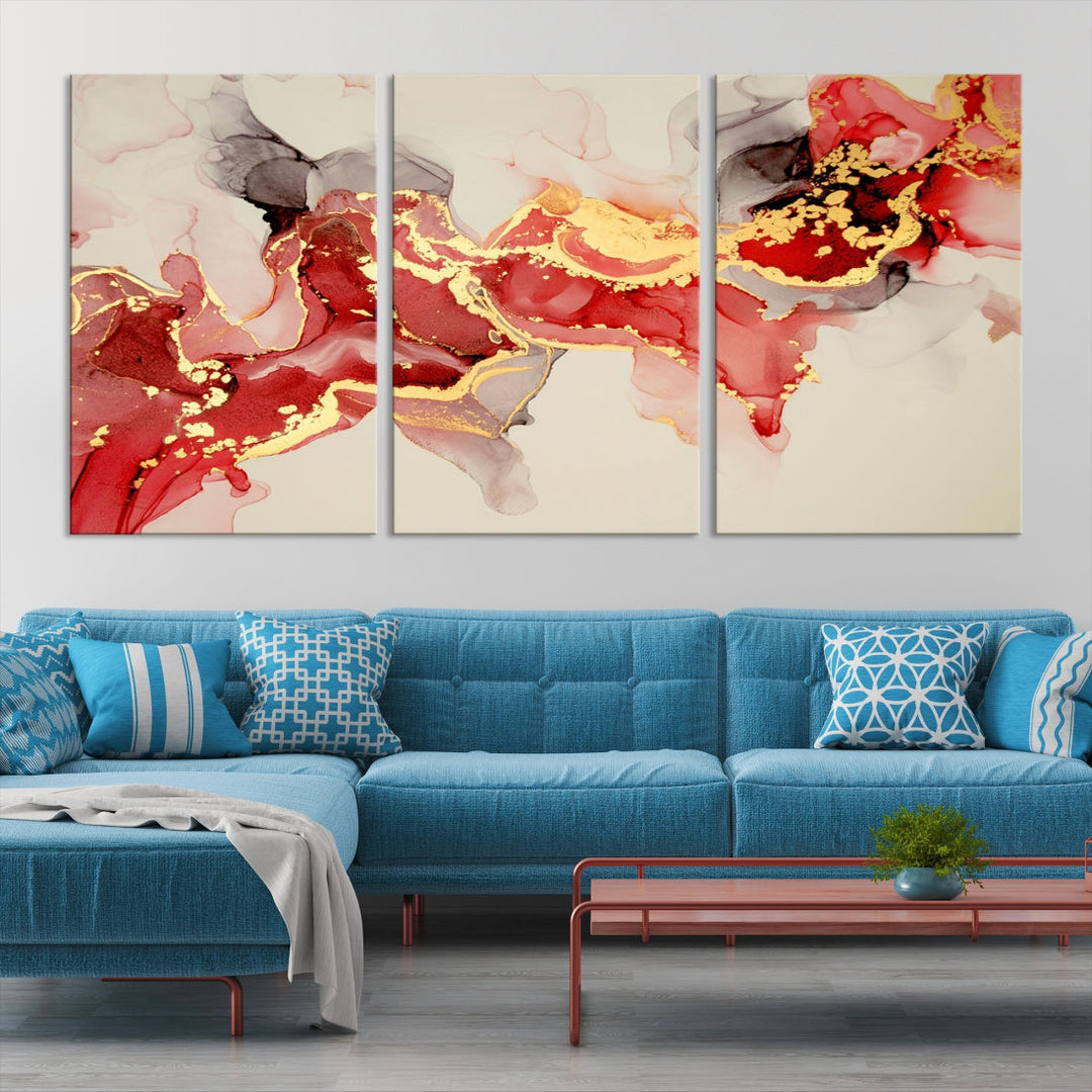 Contemporary Red Gold Abstract Painting on Canvas Print Framed Wall Decor