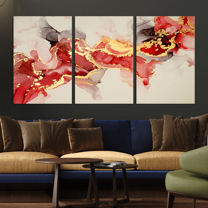 Contemporary Red Gold Abstract Painting on Canvas Print Framed Wall Decor