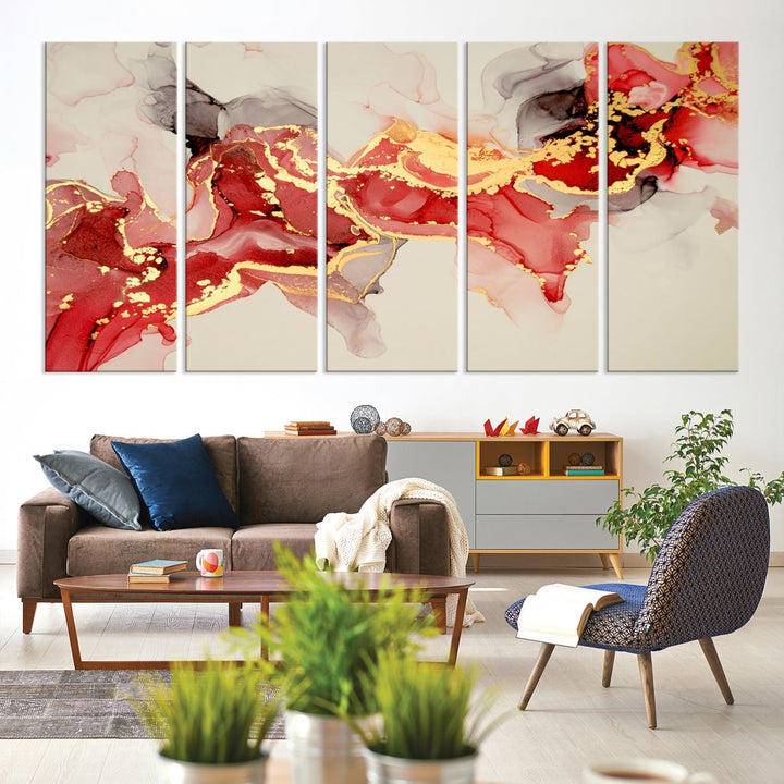 Contemporary Red Gold Abstract Painting on Canvas Print Framed Wall Decor