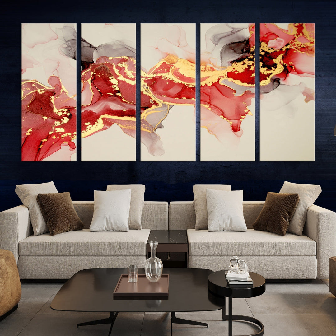 Contemporary Red Gold Abstract Painting on Canvas Print Framed Wall Decor