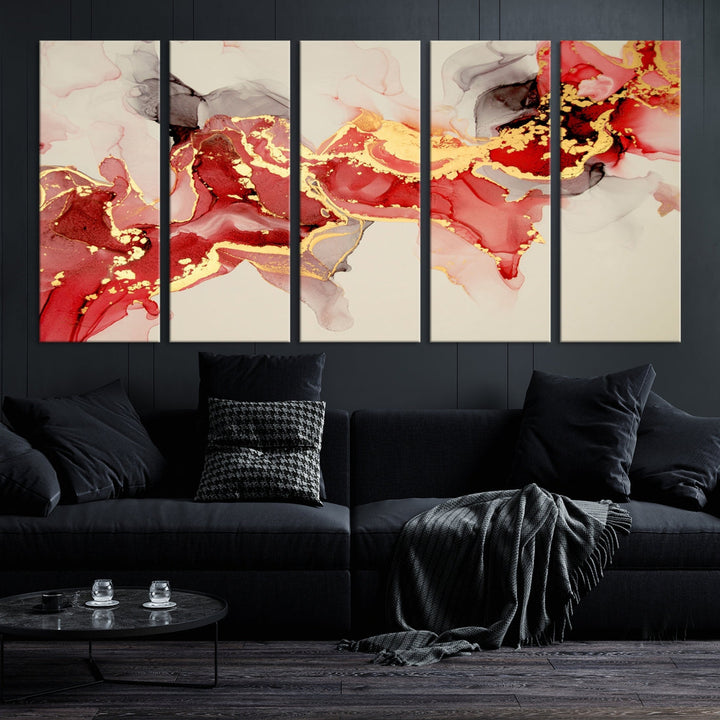 Contemporary Red Gold Abstract Painting on Canvas Print Framed Wall Decor