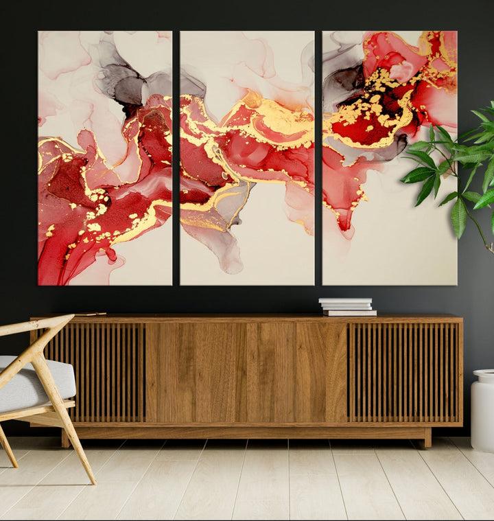 Contemporary Red Gold Abstract Painting on Canvas Print Framed Wall Decor