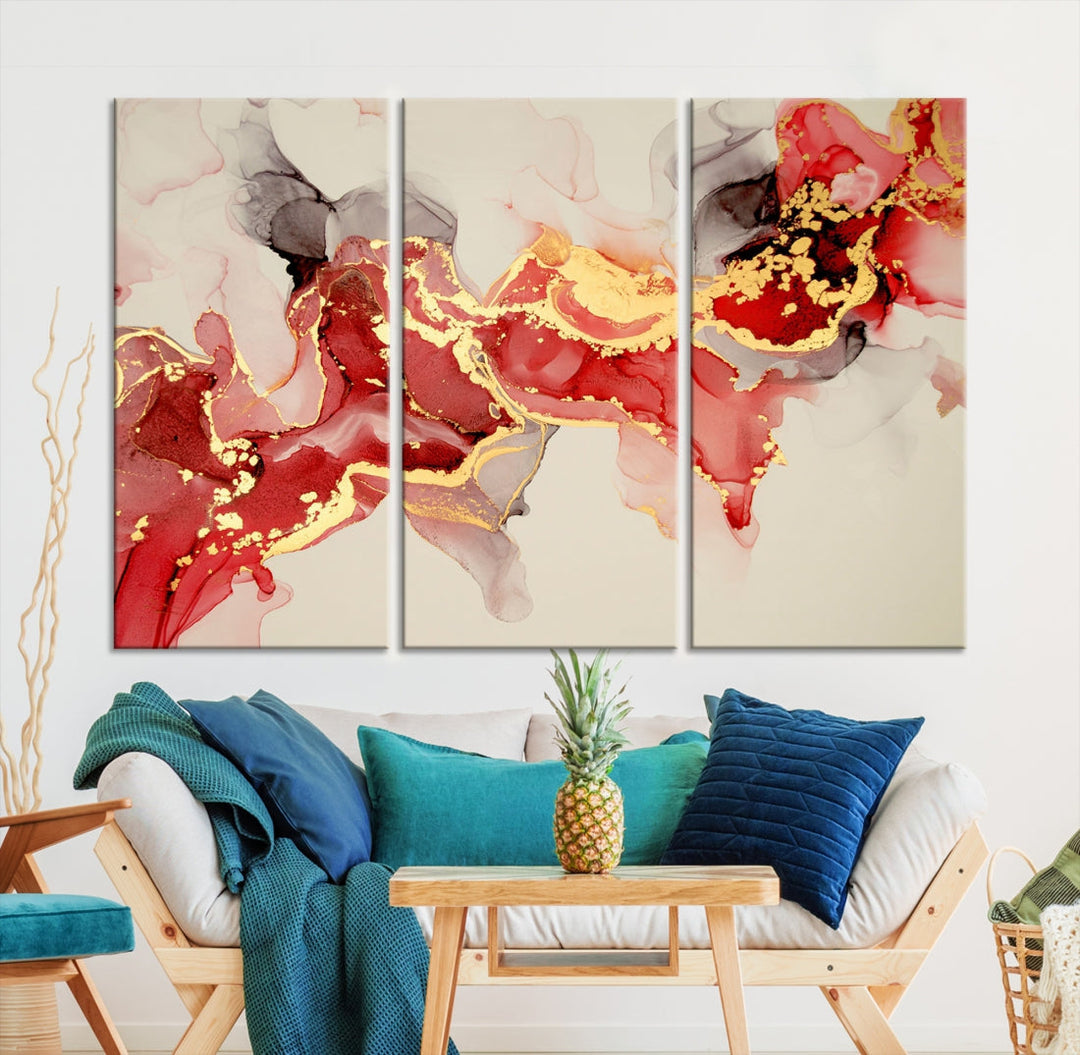 Contemporary Red Gold Abstract Painting on Canvas Print Framed Wall Decor