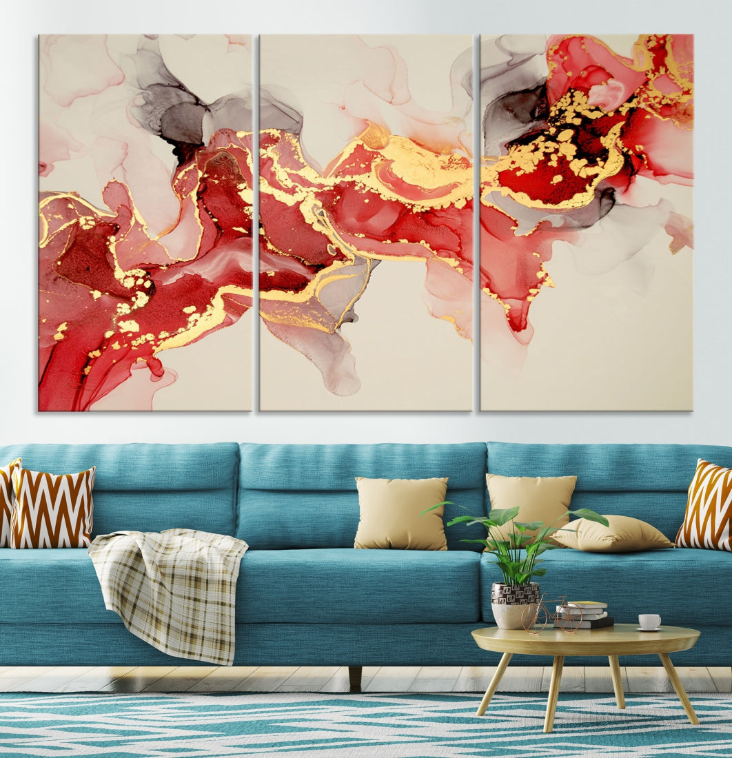 Contemporary Red Gold Abstract Painting on Canvas Print Framed Wall Decor