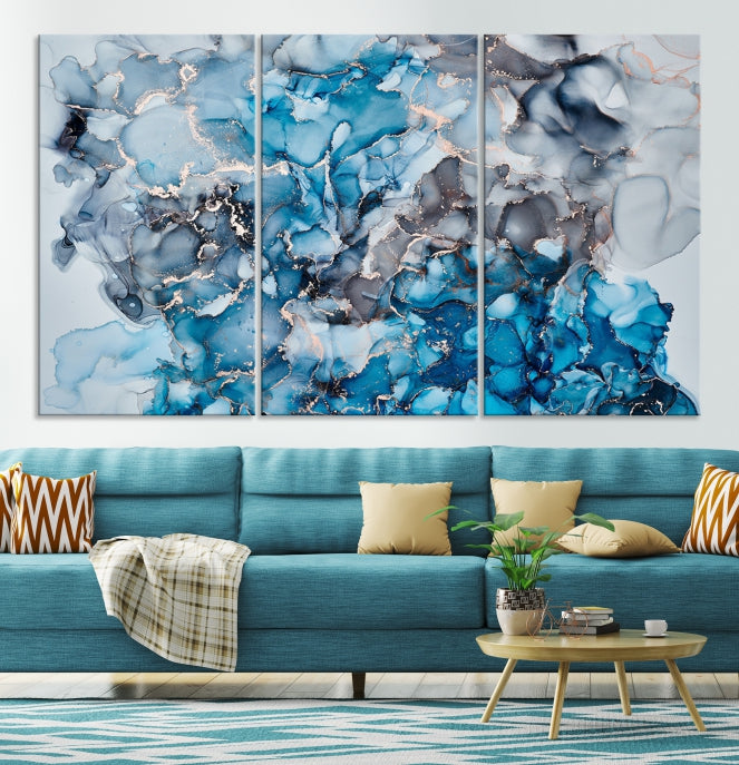 Contemporay Abstract Painting Blue and Gray Artwork Framed Canvas Art Print