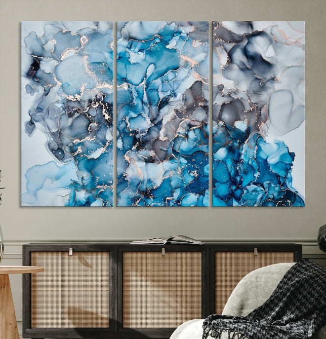 Contemporay Abstract Painting Blue and Gray Artwork Framed Canvas Art Print