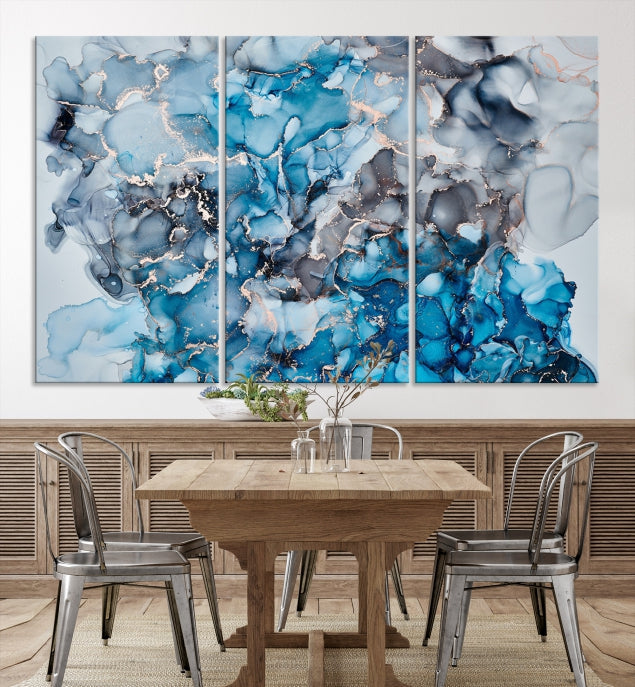 Contemporay Abstract Painting Blue and Gray Artwork Framed Canvas Art Print