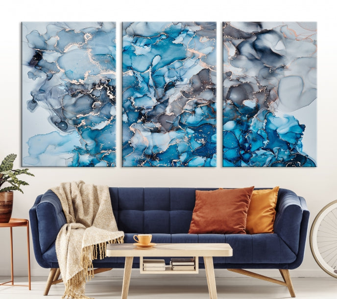 Contemporay Abstract Painting Blue and Gray Artwork Framed Canvas Art Print