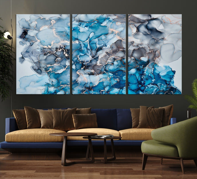 Contemporay Abstract Painting Blue and Gray Artwork Framed Canvas Art Print