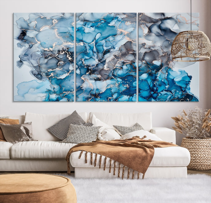 Contemporay Abstract Painting Blue and Gray Artwork Framed Canvas Art Print