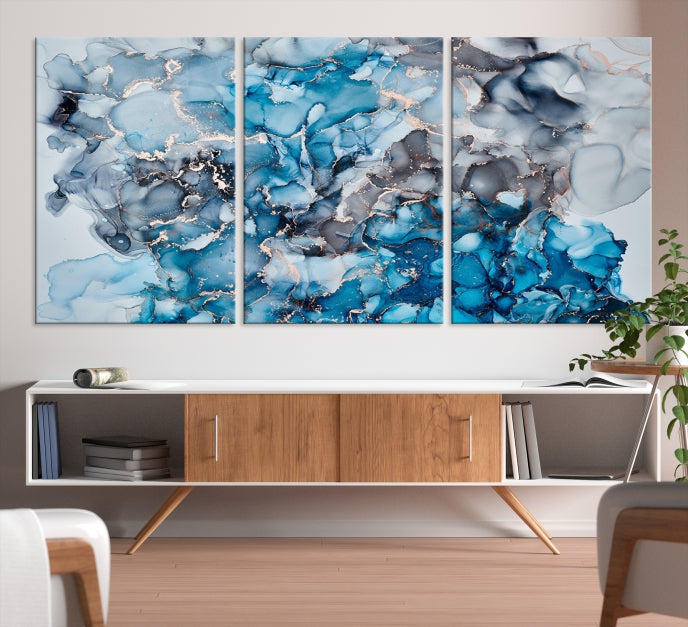 Contemporay Abstract Painting Blue and Gray Artwork Framed Canvas Art Print