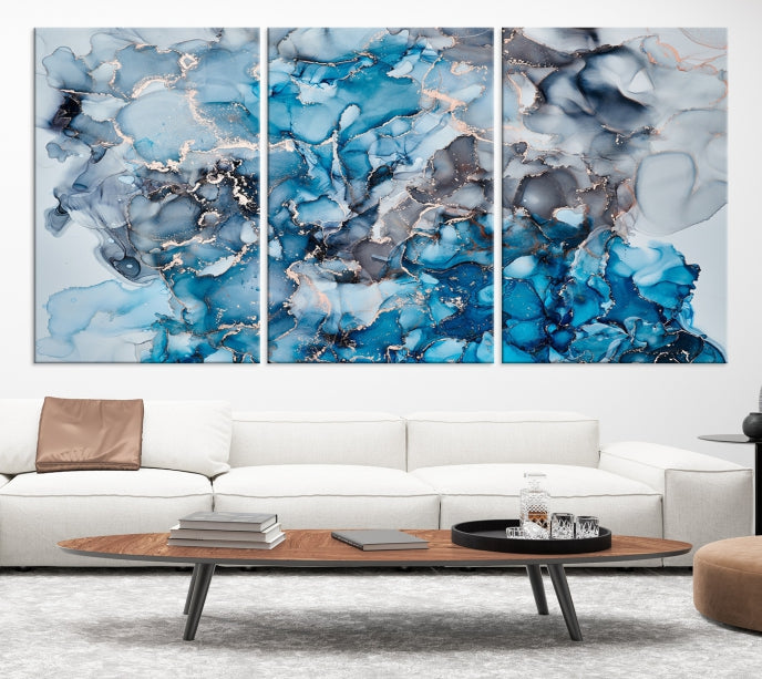 Contemporay Abstract Painting Blue and Gray Artwork Framed Canvas Art Print