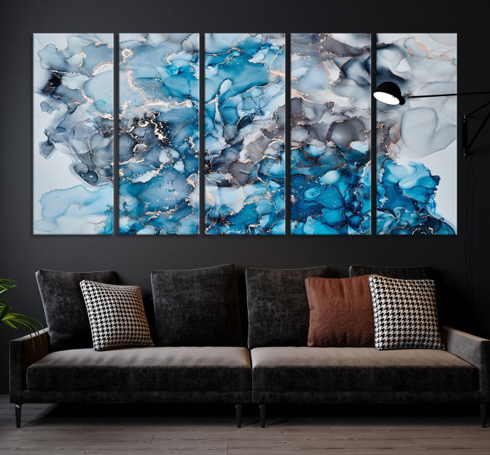 Contemporay Abstract Painting Blue and Gray Artwork Framed Canvas Art Print