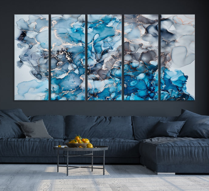 Contemporay Abstract Painting Blue and Gray Artwork Framed Canvas Art Print