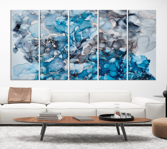 Contemporay Abstract Painting Blue and Gray Artwork Framed Canvas Art Print