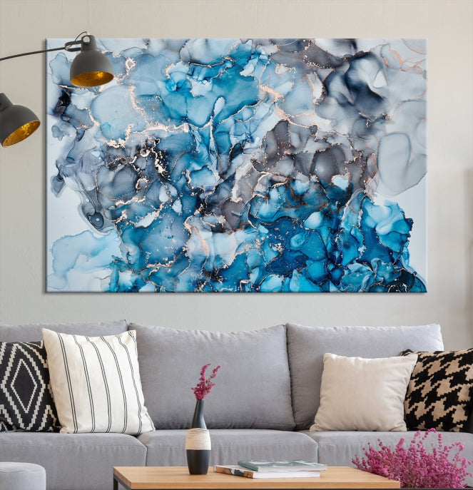 Contemporay Abstract Painting Blue and Gray Artwork Framed Canvas Art Print