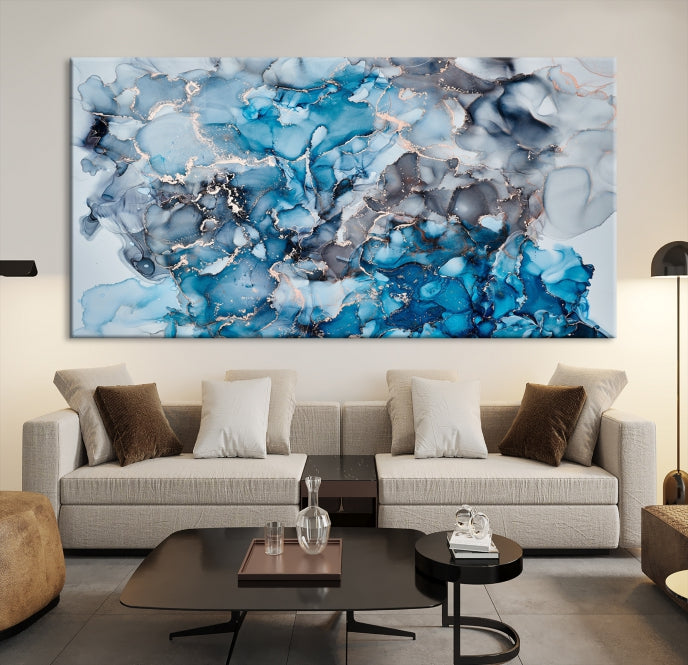 Contemporay Abstract Painting Blue and Gray Artwork Framed Canvas Art Print