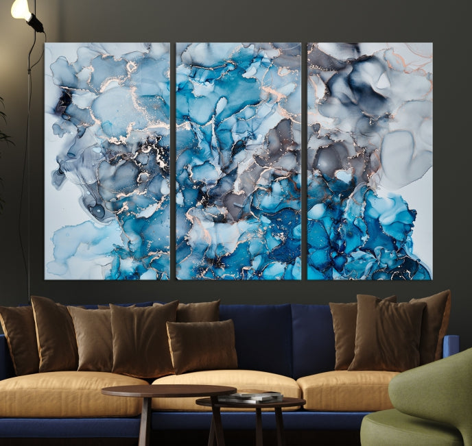 Contemporay Abstract Painting Blue and Gray Artwork Framed Canvas Art Print