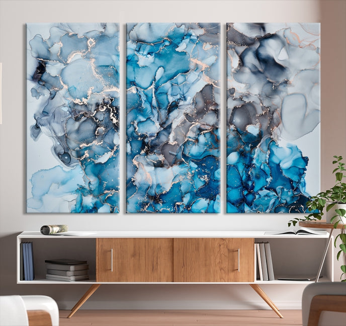 Contemporay Abstract Painting Blue and Gray Artwork Framed Canvas Art Print