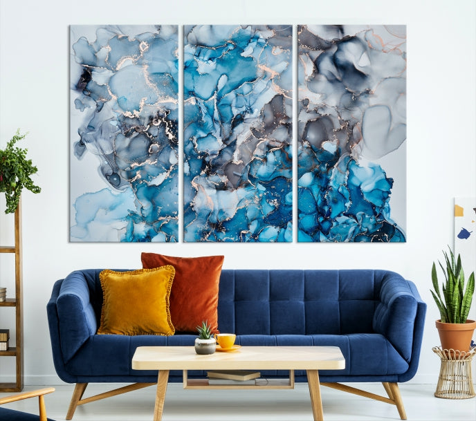 Contemporay Abstract Painting Blue and Gray Artwork Framed Canvas Art Print