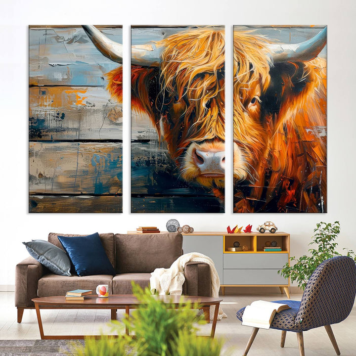 Cool Longhorn Cow on Old Wood Background Canvas Wall Art Print Framed and Shipped