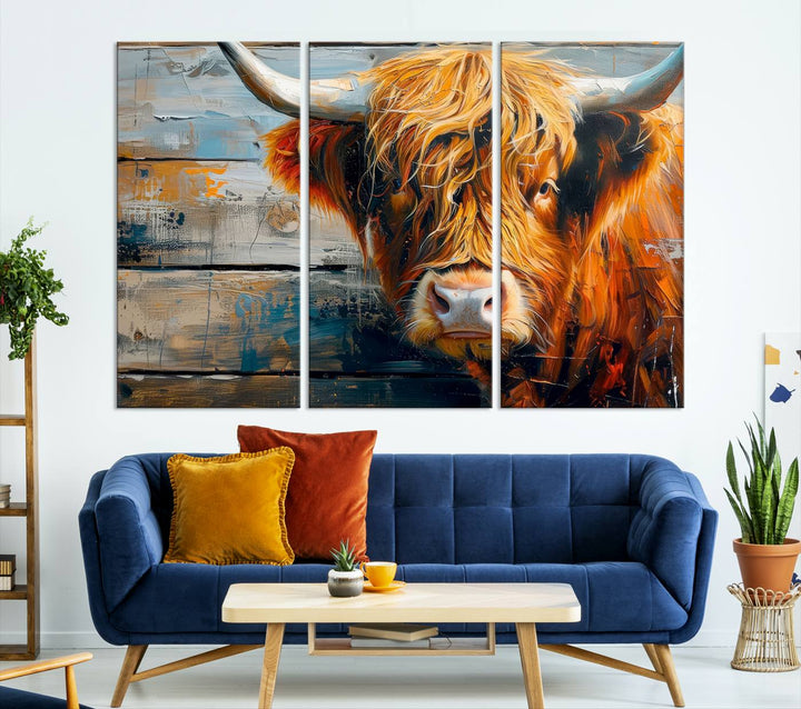 Cool Longhorn Cow on Old Wood Background Canvas Wall Art Print Framed and Shipped