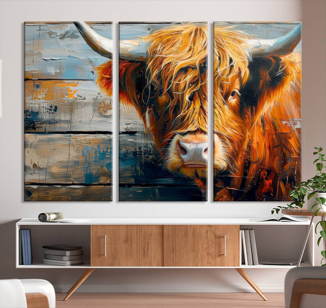 Cool Longhorn Cow on Old Wood Background Canvas Wall Art Print Framed and Shipped