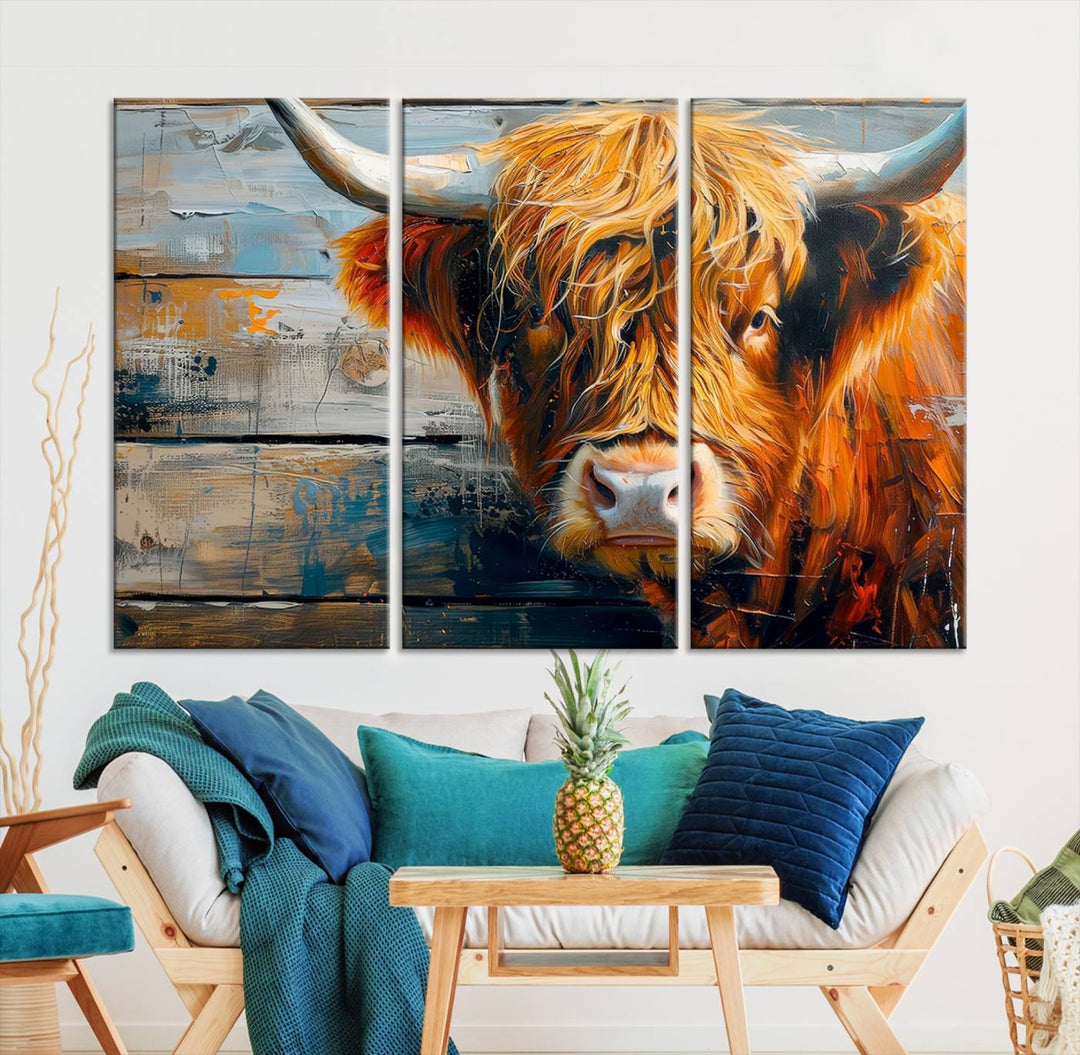 Cool Longhorn Cow on Old Wood Background Canvas Wall Art Print Framed and Shipped